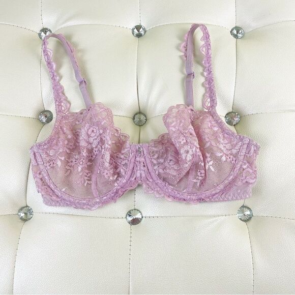 Victorias Secret Unlined Lace Lilac 32d Bra polka dot back - Picture 1 of 12